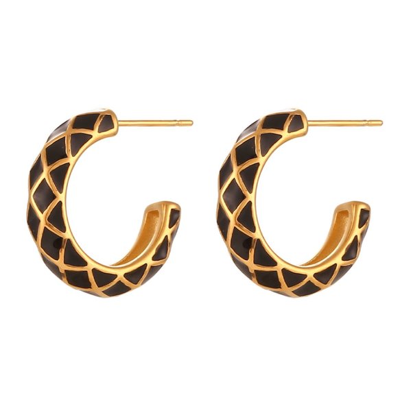Lemonlimeblue Jewelry - Black Enamel Geometric Pattern Hoop Earrings 18K Gold Plated Stainless